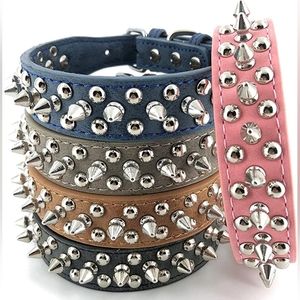 Blue Spiked Leather Collar for toy small dogs or cats. Extra Small